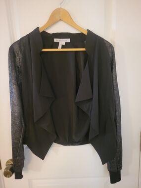 BCBGeneration Black Draped Open-Front Jacket with Shimmer Sleeves